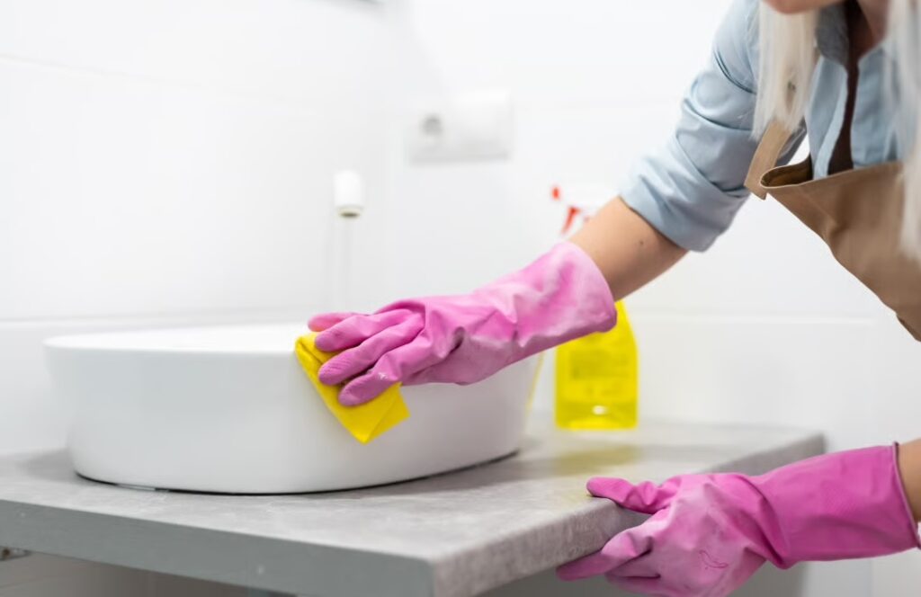 mujer limpiando el baño